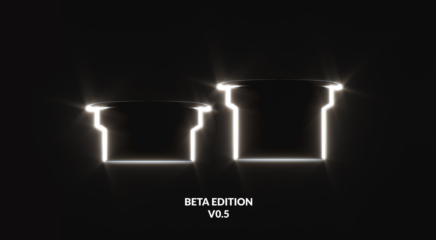 Two glowing cylindrical objects in the shape of a Stepdown Basket on a black background with 'Beta Edition V0.5' text.